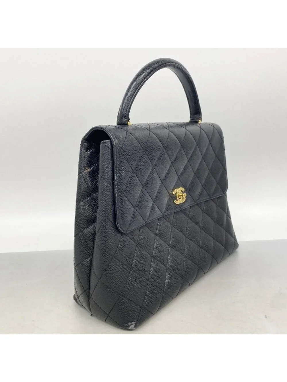 Chanel Handbag Quilted Caviar Leather Black Gold